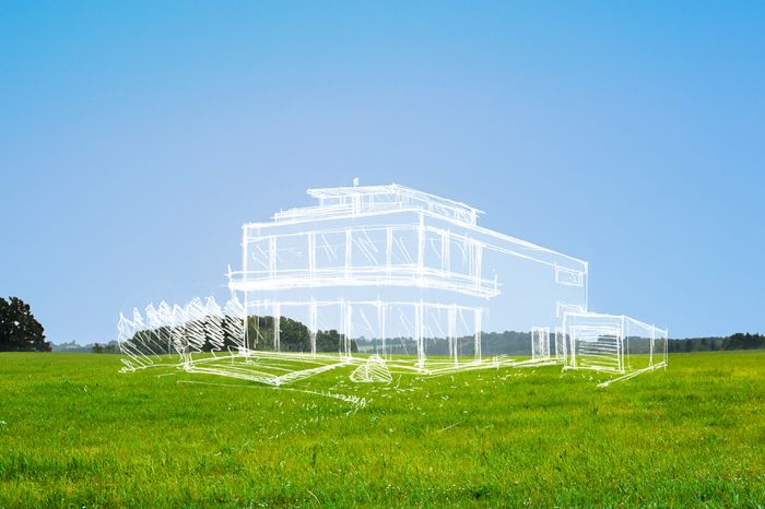 © by-studio - stock.adobe.com Foto: Wiese mit weißer Hausskizze darüber